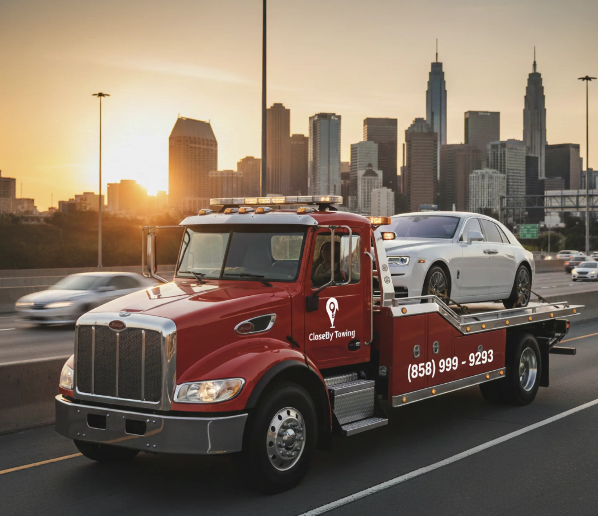 CloseBy Towing flatbed truck with San Diego skyline at night